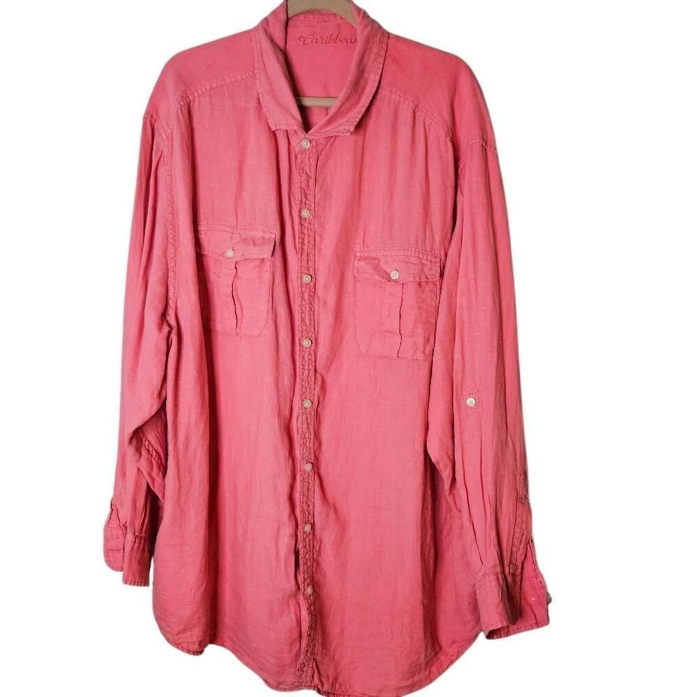 Caribbean men's linen button down, pink. 3XB, #843.